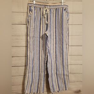 Artisan NY linen pants pockets size LG striped wide leg elastic waist drawstring